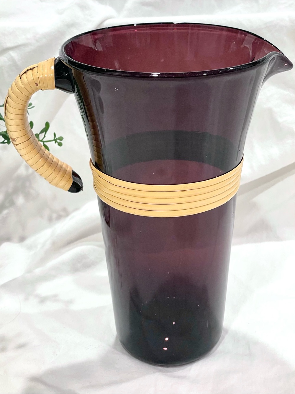 Purple Amethyst Hand Blown Glass Pitcher w Rattan-Wrapped Handle | 9” H | VGUC